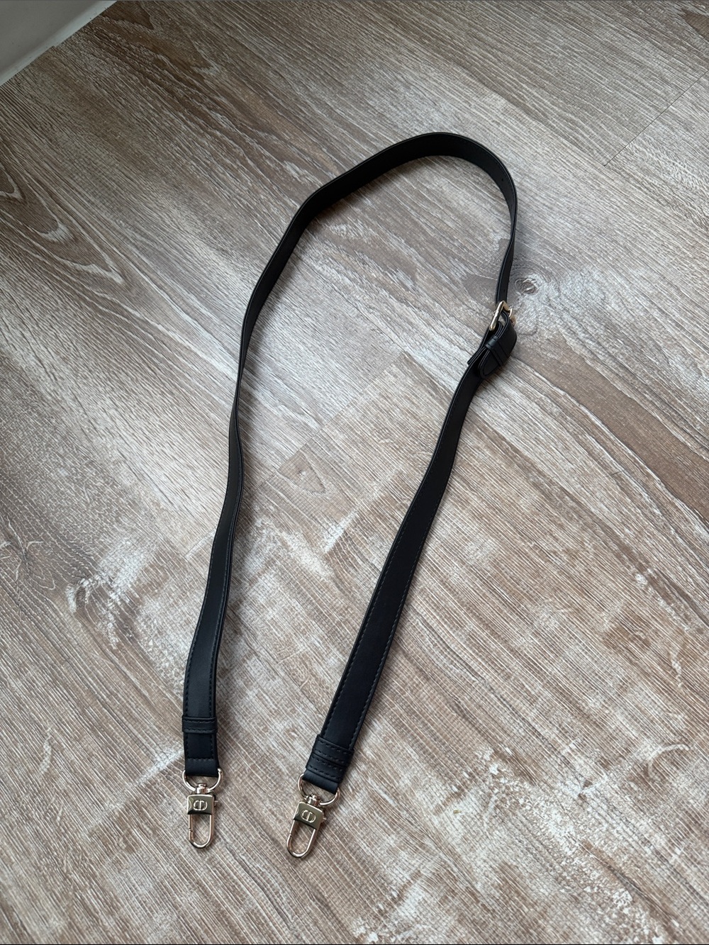 Adjustable Black Leather Bag Strap with Gold Hardware